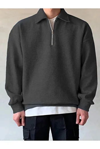 GENIUS STORE Ανδρικό φούτερ με λαιμόκοψη Polo Oversize - Μισό φερμουάρ