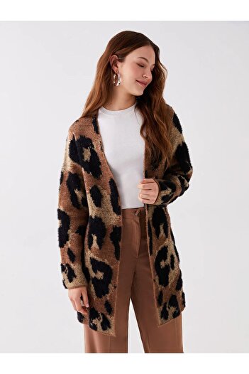 LC Waikiki Lcwaikiki - Brown Patterned Jacquard Shawl Collar Long Sleeve Women's Knitwear Cardigan