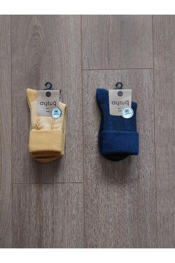 Aytuğ Winter Group 2 Pairs Lambswool (yellow-navy blue) Patterned Socks - 45019