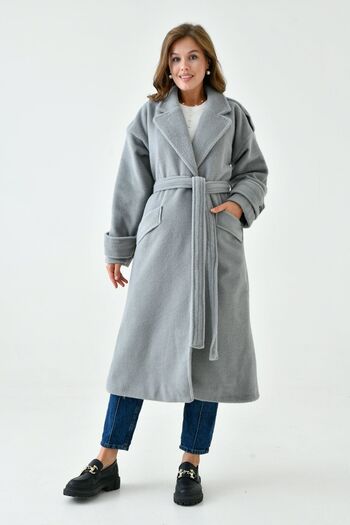bayansepeti Double Breasted Collar and Belt Detailed Gray Midi Coat - Long Sleeve, Lined Inside 9002
