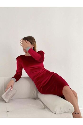 Planet Prestige Women's Red Velvet Padded Midi Cuff Sleeve Detailed Evening Dress 14E-2164