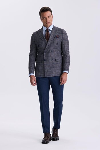 Jakamen Dark Navy Slim Fit Swallow Collar Checked Combination Double Breasted Suit