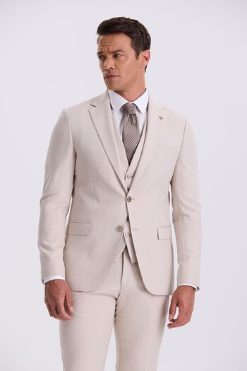 Jakamen Beige Slim Fit Mono Collar Double Slit Vest Suit