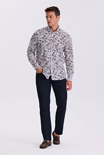 Jakamen Dark Navy Floral Patterned Collar Buttoned Comfort Fit Shirt