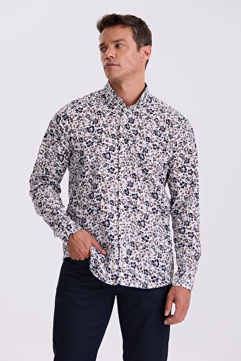Jakamen Dark Navy Floral Patterned Collar Buttoned Comfort Fit Shirt