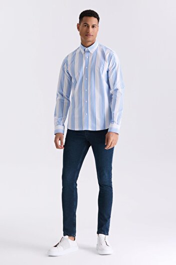 Jakamen Синя сорочка Slim Fit у смужку, 100% бавовна