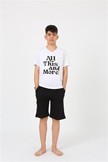 Akbeniz Erkek Genç Garson Boy Kısa Kol Beyaz Penye Şortlu Pijama Takımı 20377
