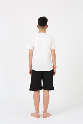 Akbeniz Men's Young Waiter Boy Short Sleeve Ecru Combed Cotton Pajama Set with Shorts 20377