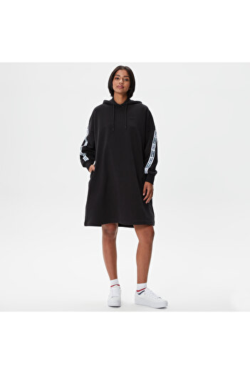 Lacoste Kadın Loose Fit Truvakar Kollu Kapüşonlu Baskılı Siyah Elbise