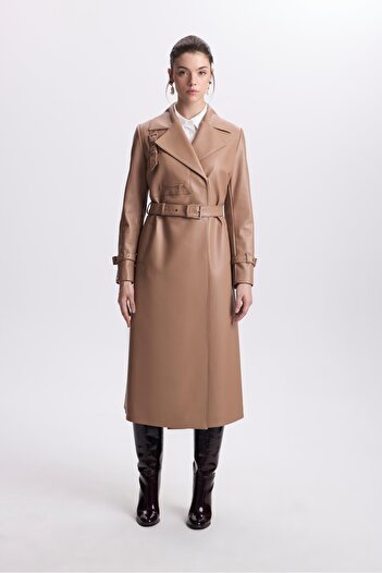 Zühre Camel Leather Double Breasted Collar Trench Coat 13014 - Sleeve Detail