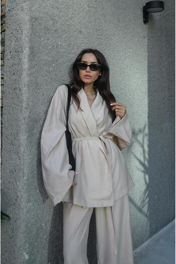 Havoş Stone Colored Kimono and Trousers Set - Shawl Collar