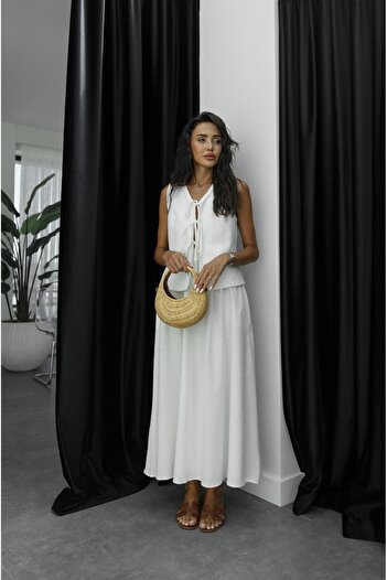 Havoş Ecru Scallop Blouse and Skirt Set - Stripe Detailed