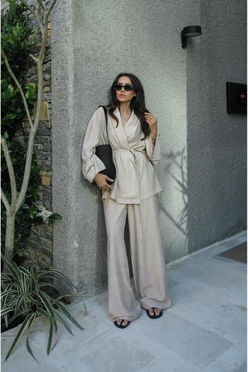 Havoş Stone Colored Kimono and Trousers Set - Shawl Collar