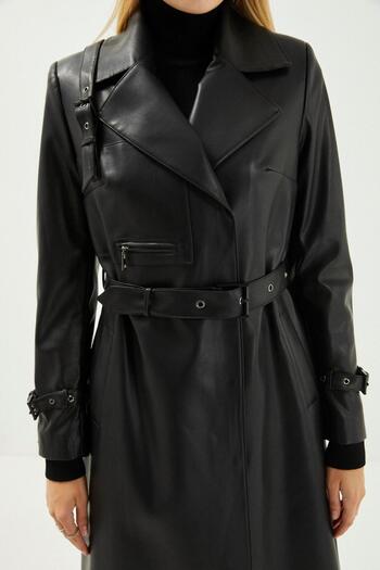 Zühre Black Leather Trench Coat 13014 - Double Breasted Collar and Sleeve Detail