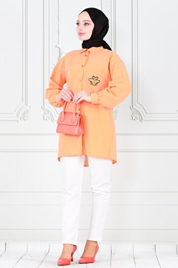 Sevitli Orange Linen Tunic with Bee Detail on Pocket