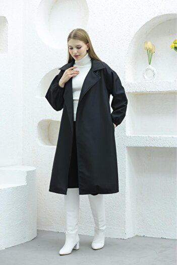 QUBERZ Balloon Sleeve Belted Trench Coat Black