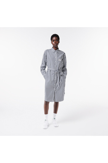 Lacoste Women's Regular Fit Long Sleeve Shirt Collar Striped White Dress