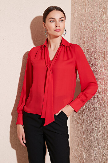 Lela Tie Detailed V-Neck Chiffon Shirt Shirt 611bz0047