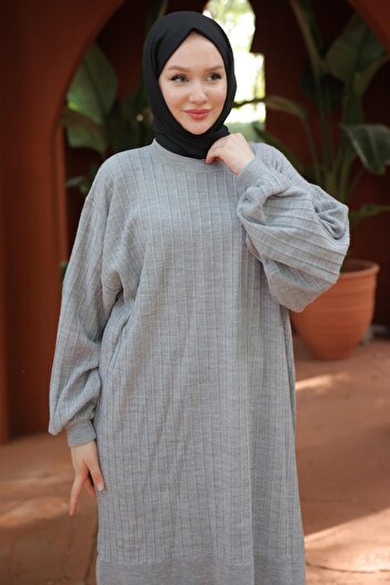 hafsamina Balon Kol Triko Tunik Gri HM2519
