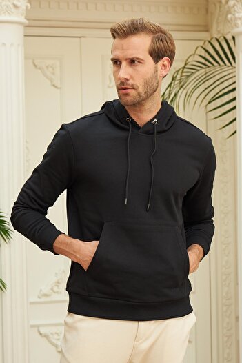 odelon Men's Black Sweatshirt - Hooded and Comfort Fit