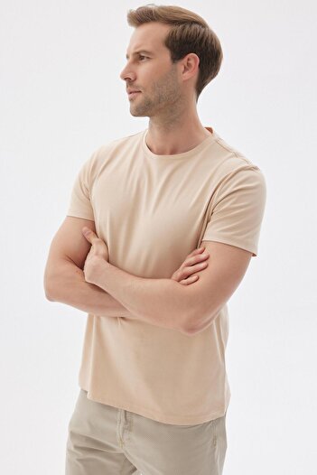 odelon Bisiklet Yaka %100 Pamuk Slim Fit Erkek Bej Basic Tişört