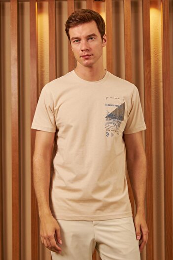 odelon Men's Beige T-shirt - Comfort Fit, Printed, Mars16