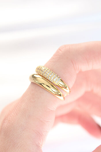 SeyCey.co 2-Piece Looking Zircon Stone Gold Color Adjustable Curved Ring