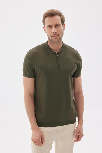 odelon Men's Khaki Polo Collar Rayon Knitwear T-Shirt - Limited Plain Zip