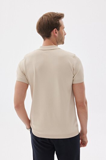 odelon Lımıted Düz Fermuarlı Polo Yaka Rayon Erkek Bej Triko Tişört