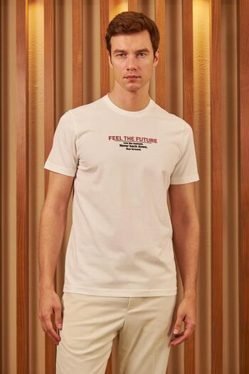odelon Men's Ecru T-shirt - Comfort Fit, Printed, Feel The Future Mars12