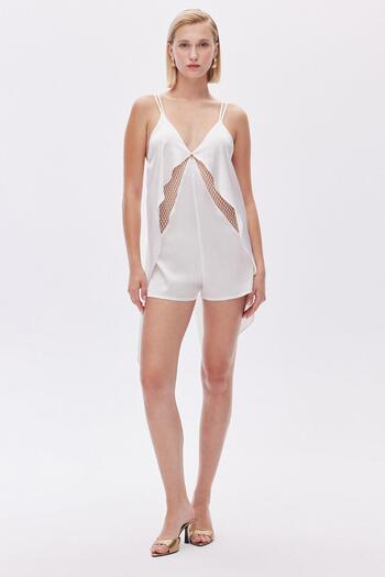 Feu De Elu Ecru Satin Jumpsuit - Calla Lily, Lace Detail