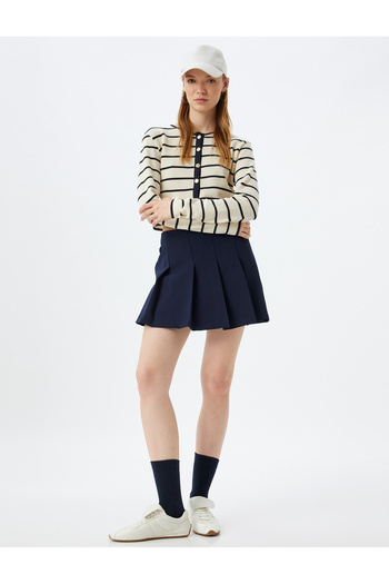 Koton Color Blocked Crop Cardigan - Buttoned, Crew Neck, Long Sleeve