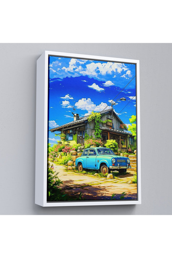 indispensablely Cute House Front Blue Car Painting with Frame-7688
