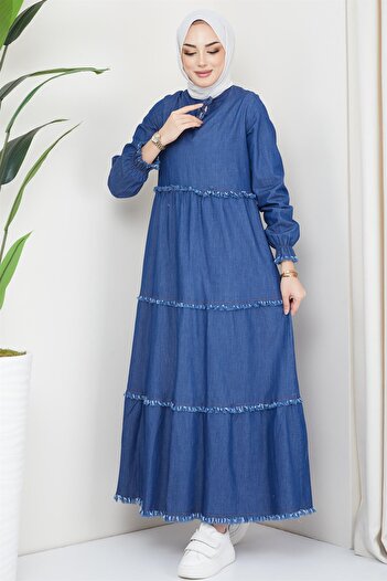 hafsamina Denim Dress with Lace Detail on the Front Dark Blue