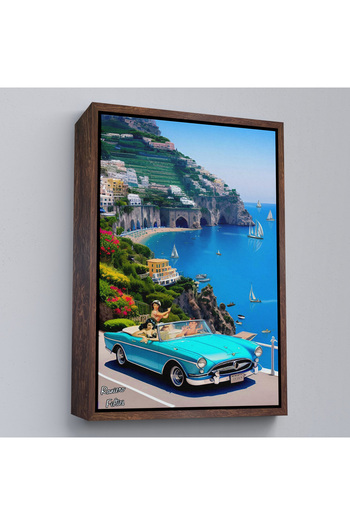 indispensablely Painting Blue Classic Car on the Beach with Frame-7776