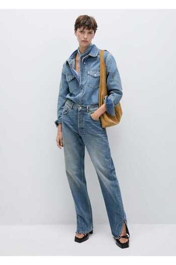 MANGO Woman Mid Waist Ripped Detailed Straight Cut Jeans