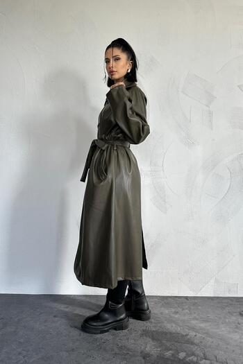 Elbee Fashion Woman Belted Leather Trench Coat