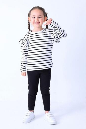 KOKOŞ BEBEK Girls Striped Suit with Ruffled Shoulders |   Between 9/10 Years