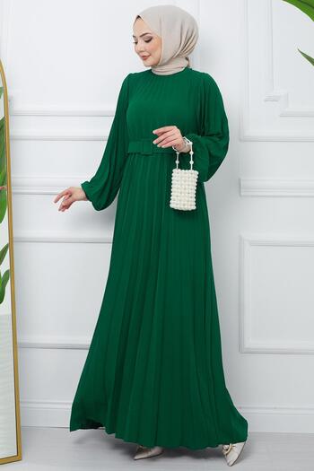 hafsamina Emerald Color Aerobin Φόρεμα - Με Ζώνη και Πιέτες HM2339