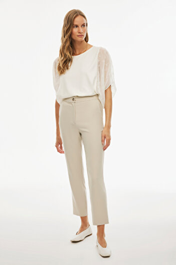Perspective Beige Colored Jorens Regular Fit Women's Trousers - Ankle Length Pipe Leg
