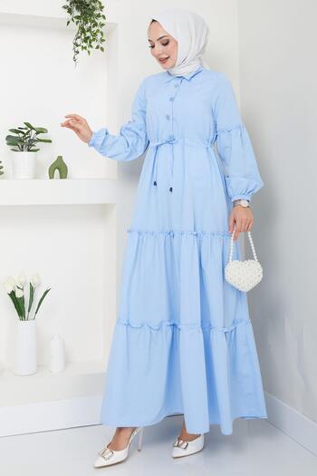 hafsamina Baby Blue Gathered Φόρεμα - Λεπτομέρεια με κουμπιά HM2493