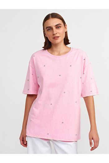Dilvin 31150 T-shirt με εφέ πλυσίματος ανοιχτό ροζ πέτρα