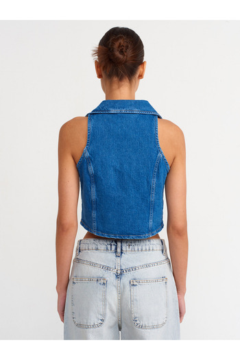 Dilvin 50714 Double Breasted Collar Short Denim Vest-Blue