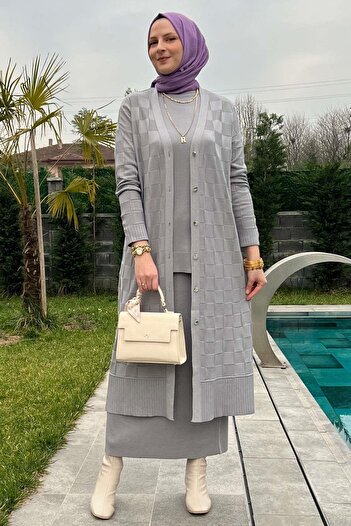 Rabia Şamlı Ζακέτα πλεκτή σε γκρι σχέδιο σκακιέρας