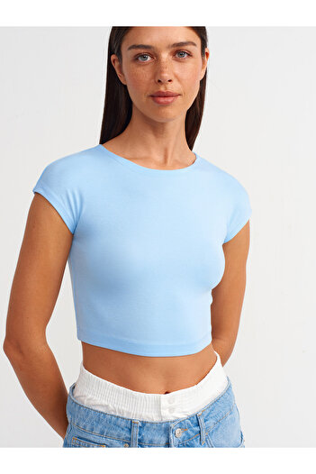 Dilvin 30528 Crop Top albastru deschis în amestec de bumbac-modal
