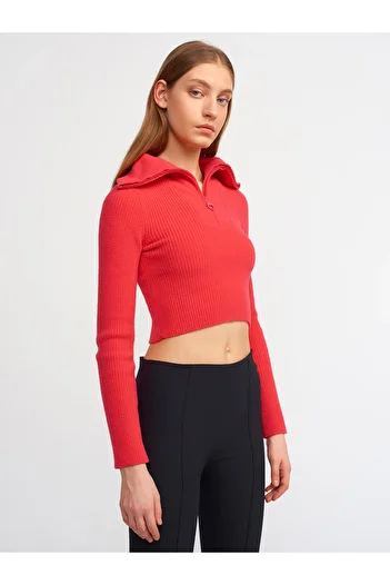 Dilvin 10299 Trucker Collar Ribbed Short Sweater-Red