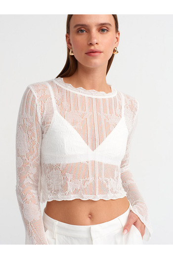 Dilvin 10545 Ecru Crew Neck Openwork Knitwear Blouse