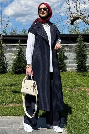 Rabia Şamlı Navy Blue Striped Epaulettes Set