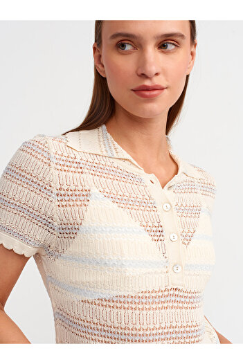 Dilvin 10590 Model Polo Decolteu Ajurat Tricotaj Bluza - Natural