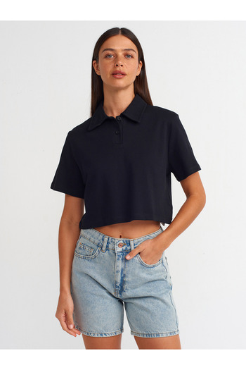 Dilvin Tricou negru din bumbac cu gât polo - 30961